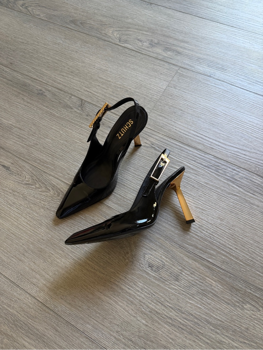 SCHUTZ Black Patent Pointed Slingback Heels with Gold Accents